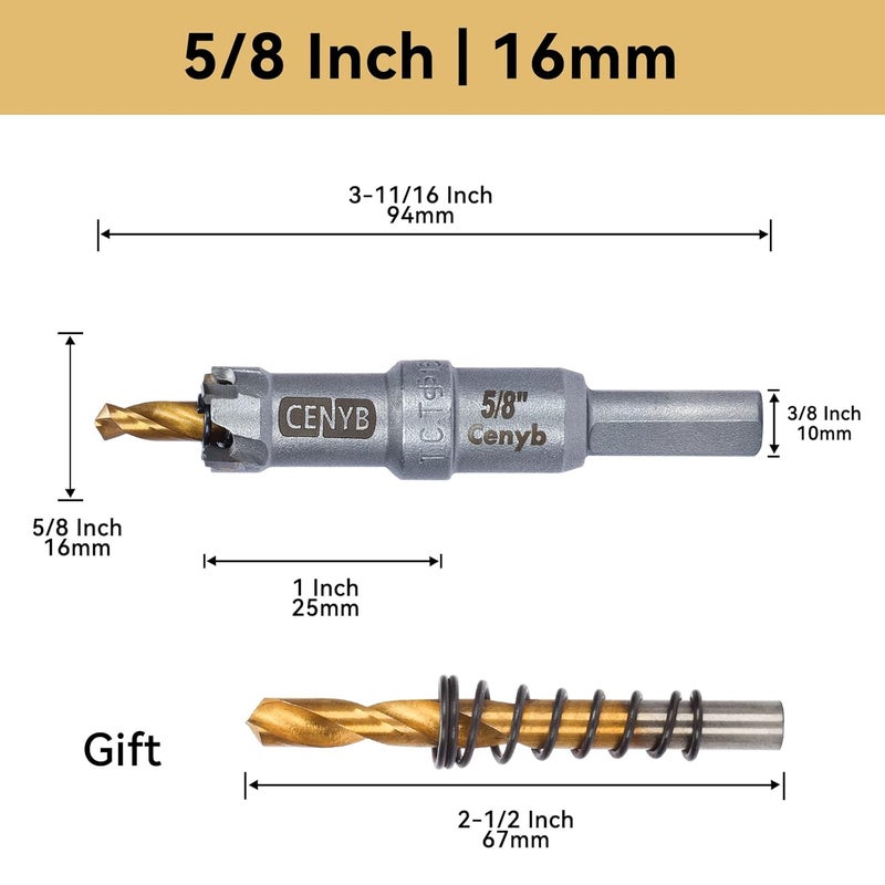 cenyb 5/8" (16mm) Tungsten Carbide Tipped Hole Saw with 2Pcs Titanium-Plated Pilot Drill Bits for Hard Metal,Stainless Steel,Iron,Aluminum Alloy,Wood and Plastic - Image 2